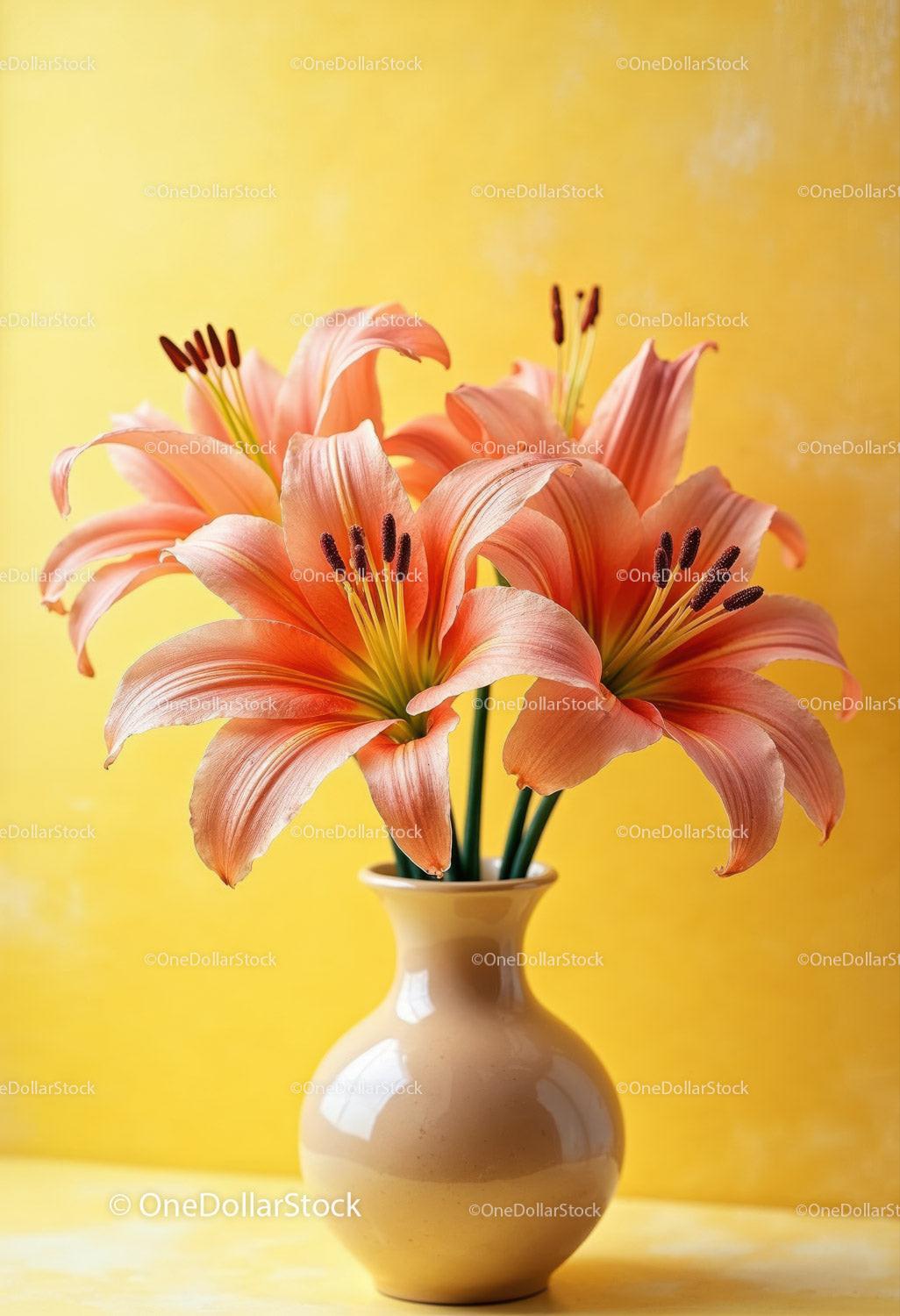 Pink Lily Bouquet in Elegant White Vase with Bright Yellow Background Stock Photo Bundle preview 10