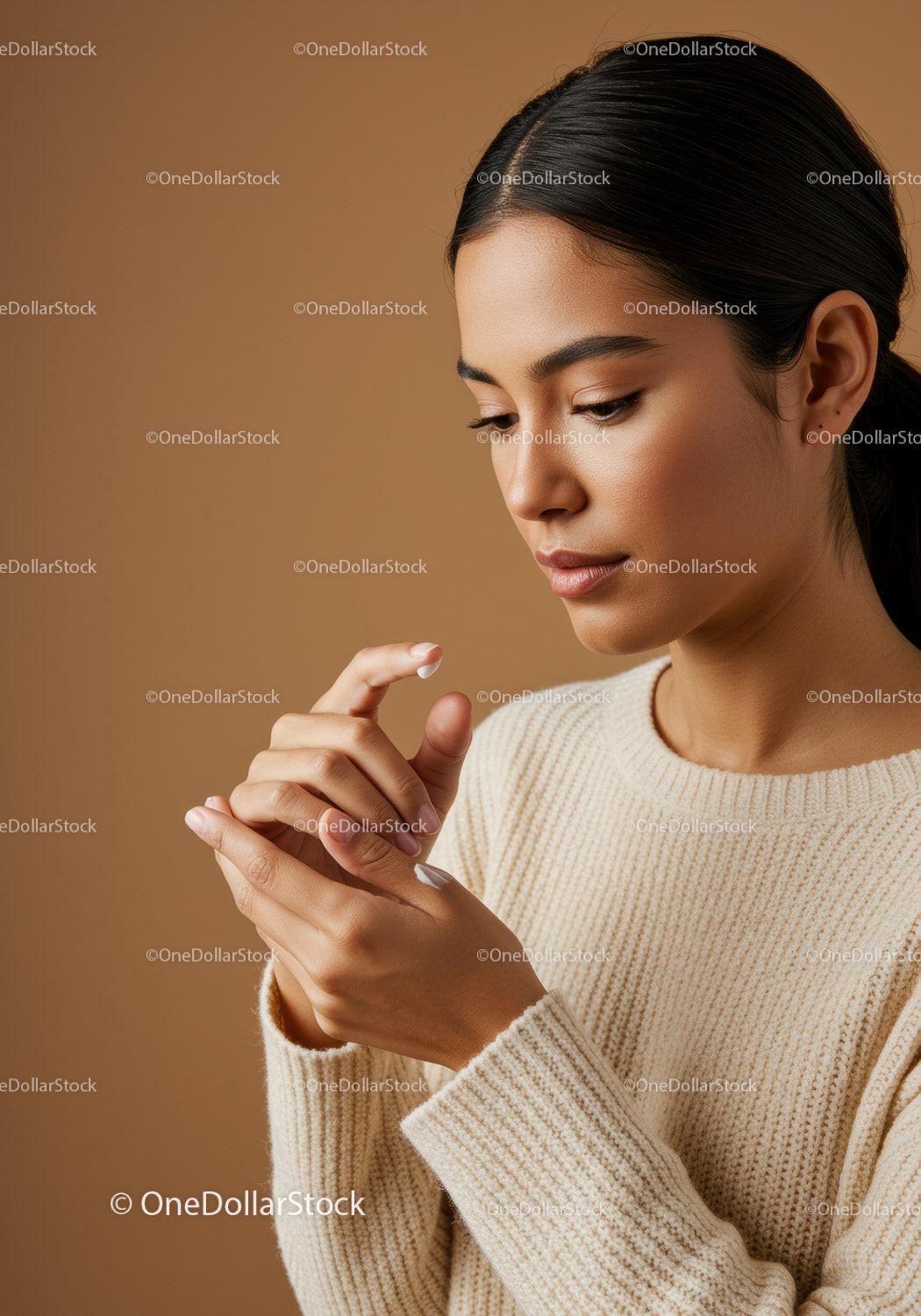 Portrait of a Young Woman in Beige Sweater with Natural Makeup