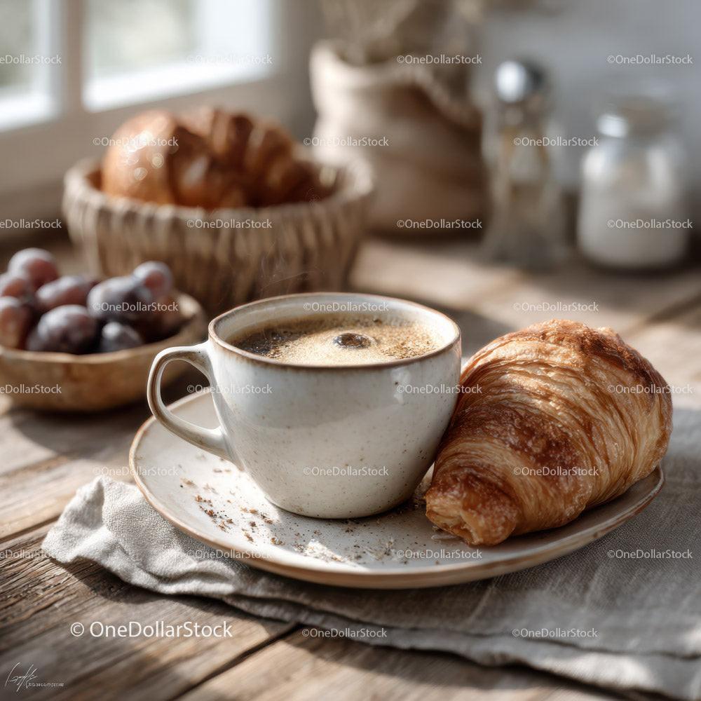 Coffee Cup with Croissant and Grapes in Rustic Morning Scene