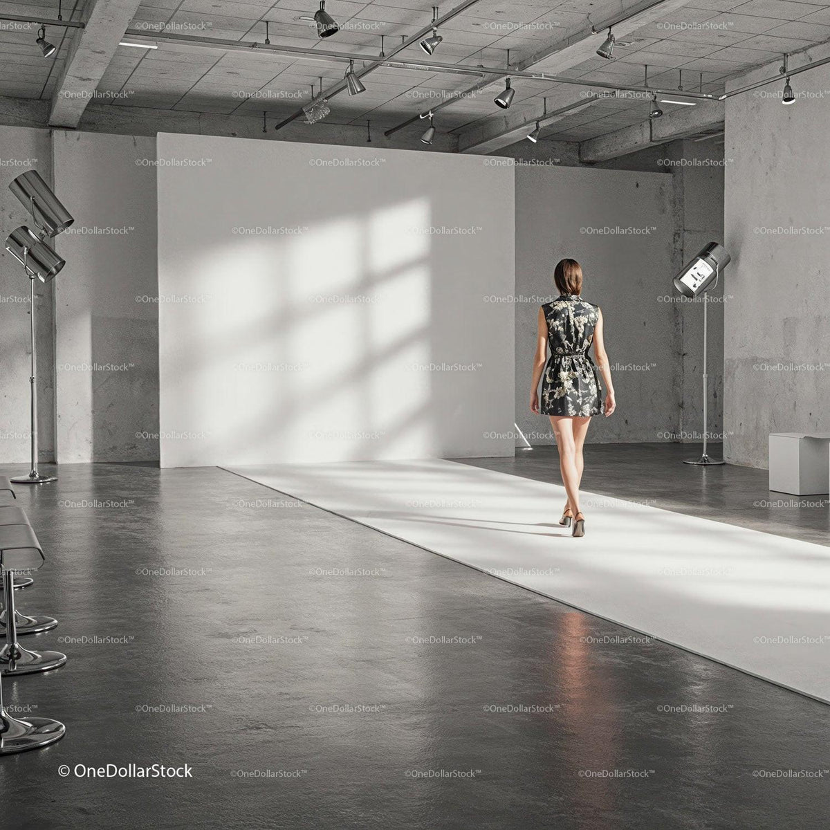 Fashion model walking runway in industrial photo studio JPG Mockup Image preview