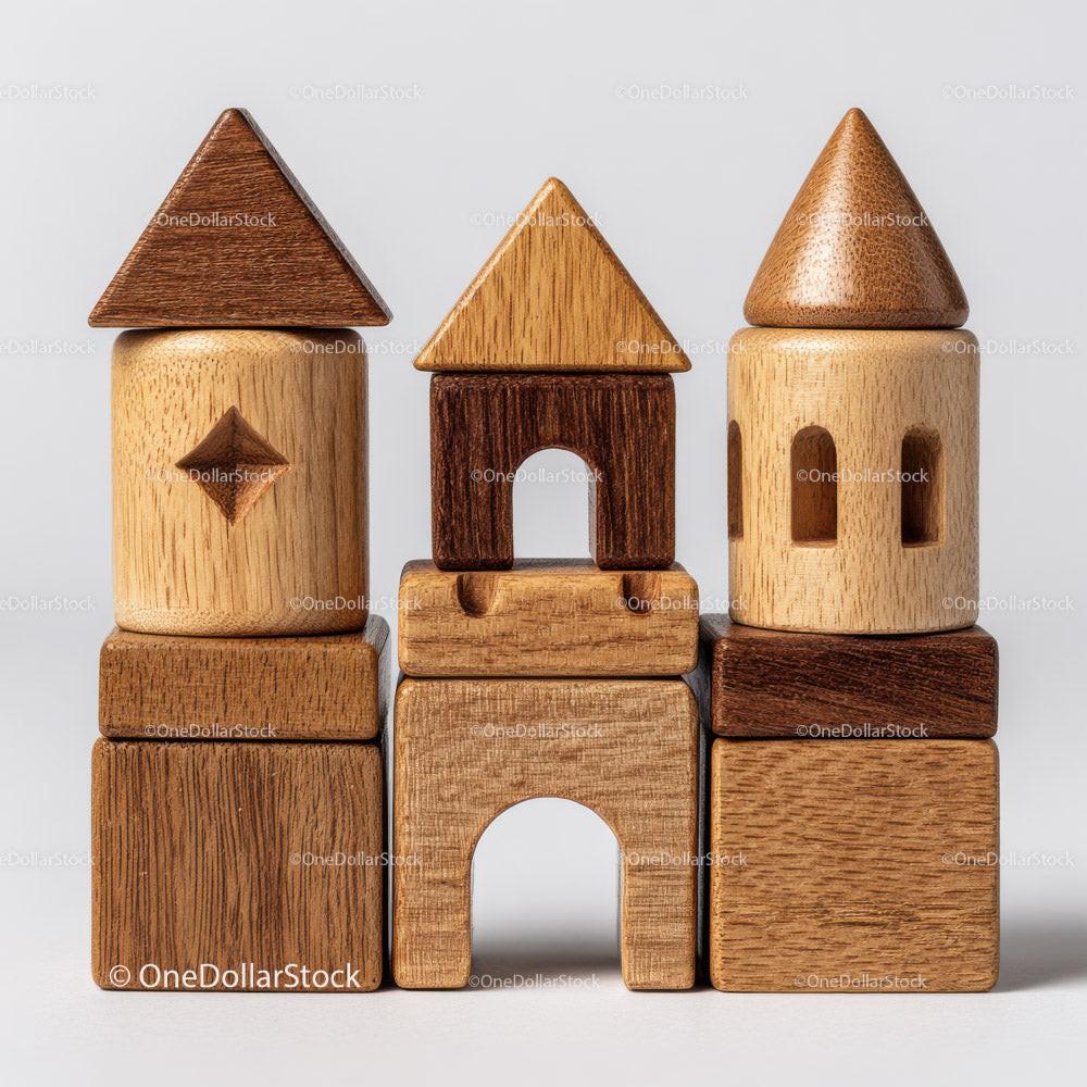 Three wooden building block towers with geometric cutouts and varied wood shades stacked side by side