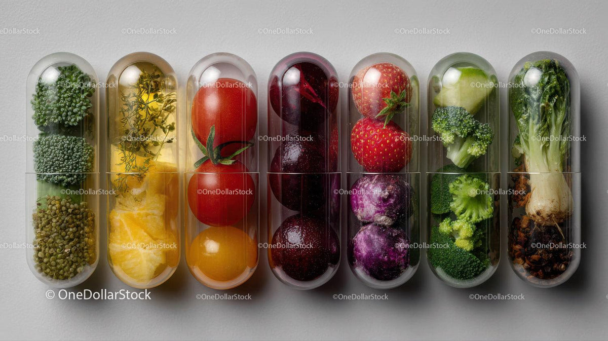 Colorful Assorted Fruits and Vegetables in Transparent Capsules