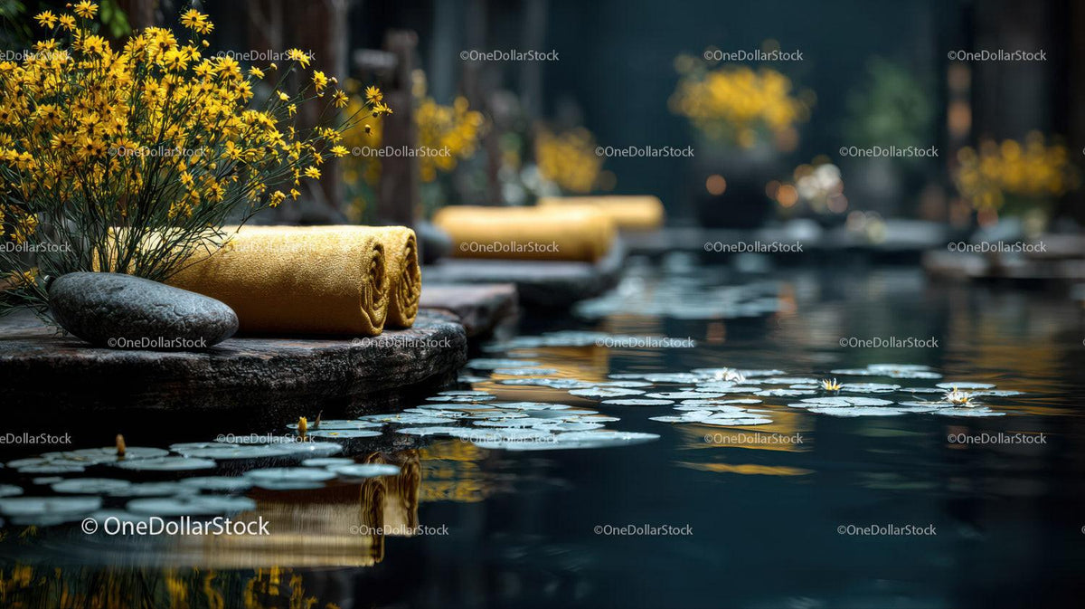 Serene Outdoor Spa Scene with Yellow Towel and Water Lilies 36 JPG Files digital asset preview