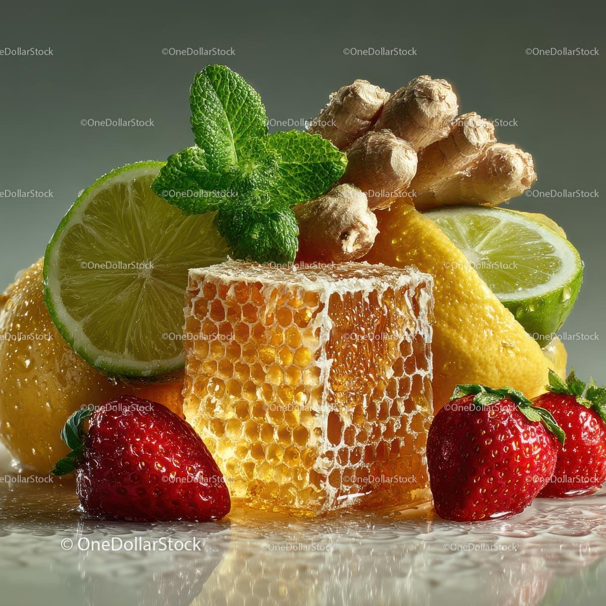 Fresh Honeycomb with Strawberries and Lime Garnish Stock Photo Bundle preview 19