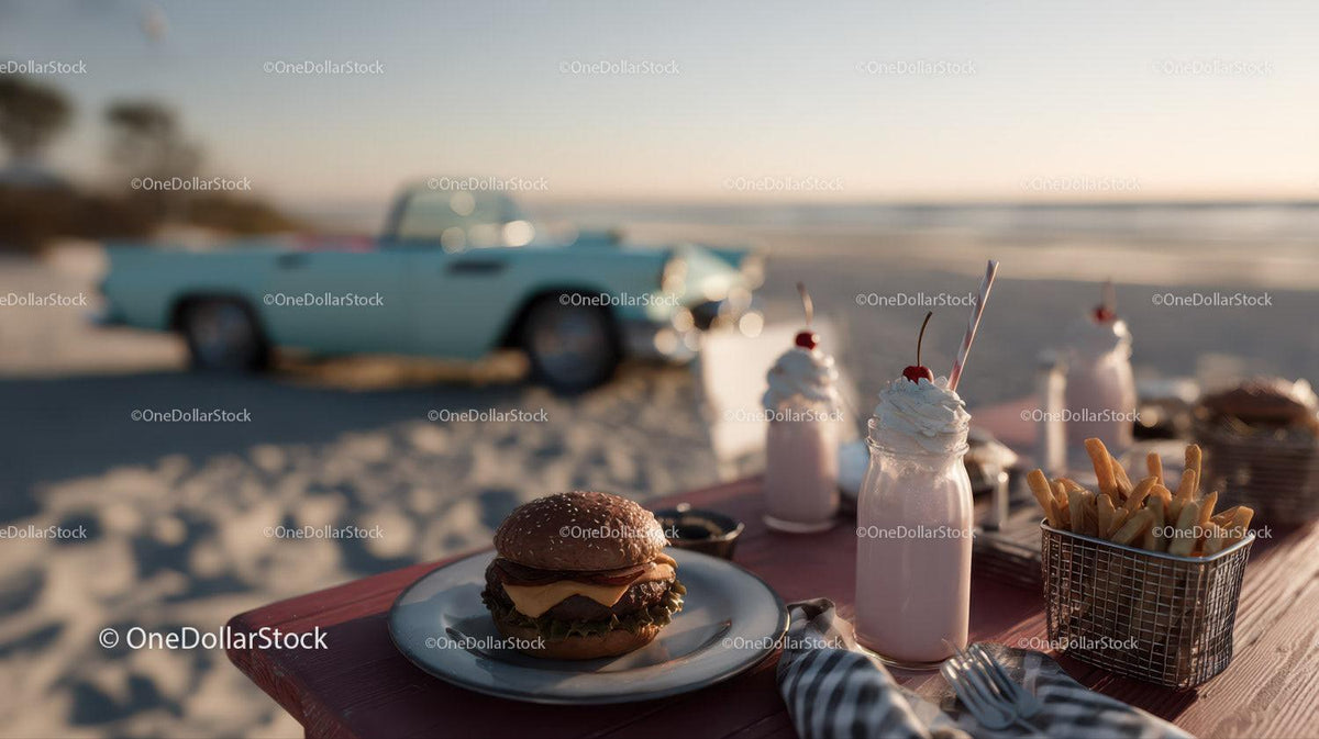 Beachside Cheeseburger French Fries and Milkshake with Classic Car 64 JPG Files digital asset preview