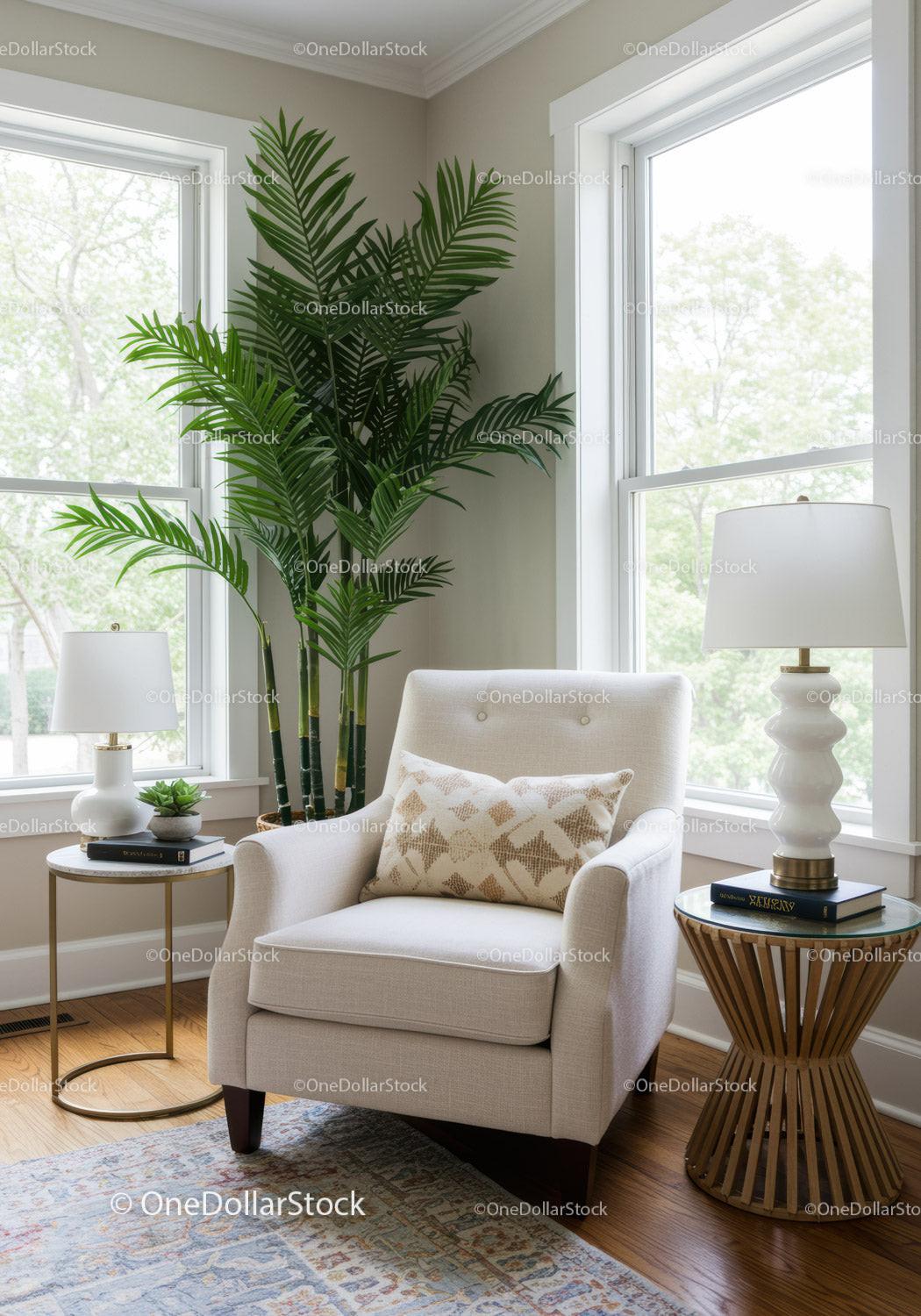 Stylish Living Room with Large Green Houseplant and Cozy Armchair