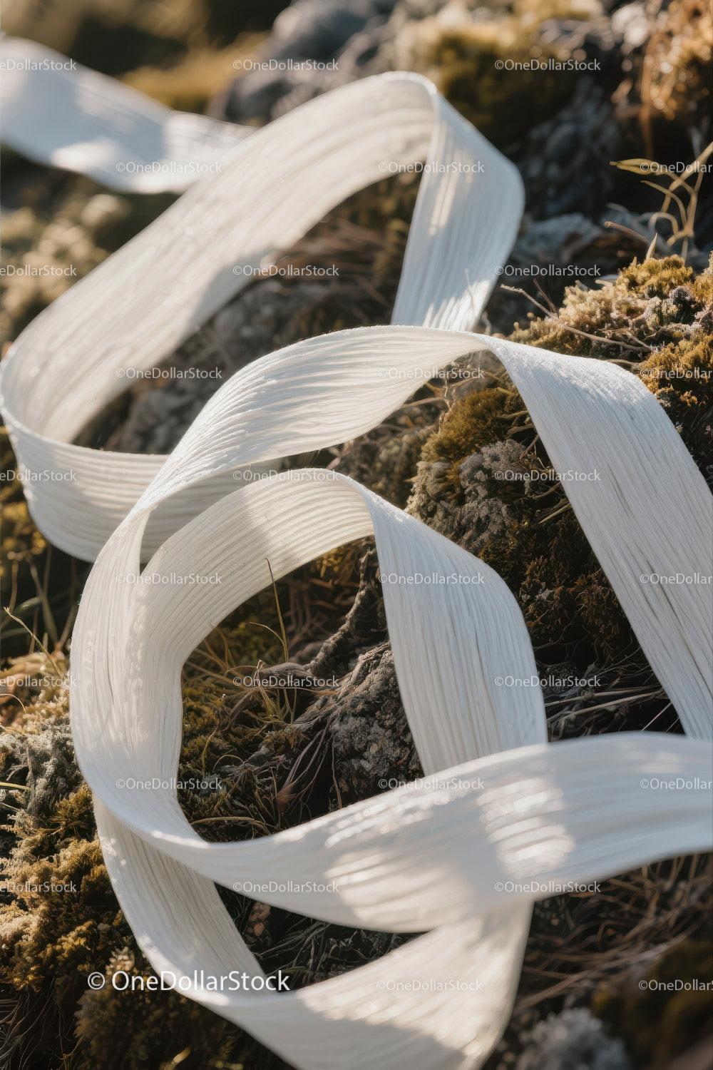 stock photo bundle made with Close-up of White Plastic Ribbon Waste on Sandy Beach Stock Photo Bundle