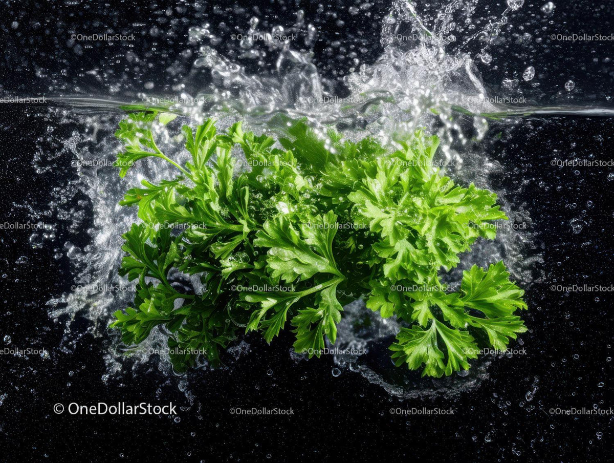 Fresh Parsley Herb Scattered in Water Over Dark Background