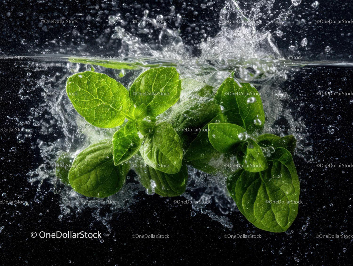 Fresh Green Basil Leaves Splashing in Water with Dynamic Motion