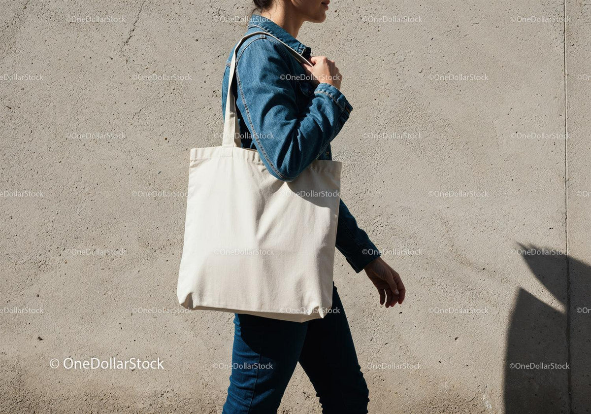 Woman carrying blank canvas tote bag outdoors JPG Mockup Image preview