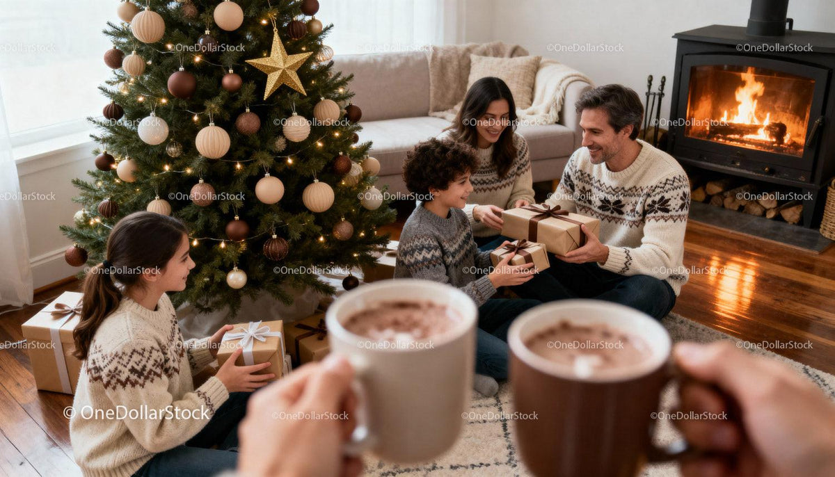 Family Sharing Warm Christmas Gifts by Fireplace