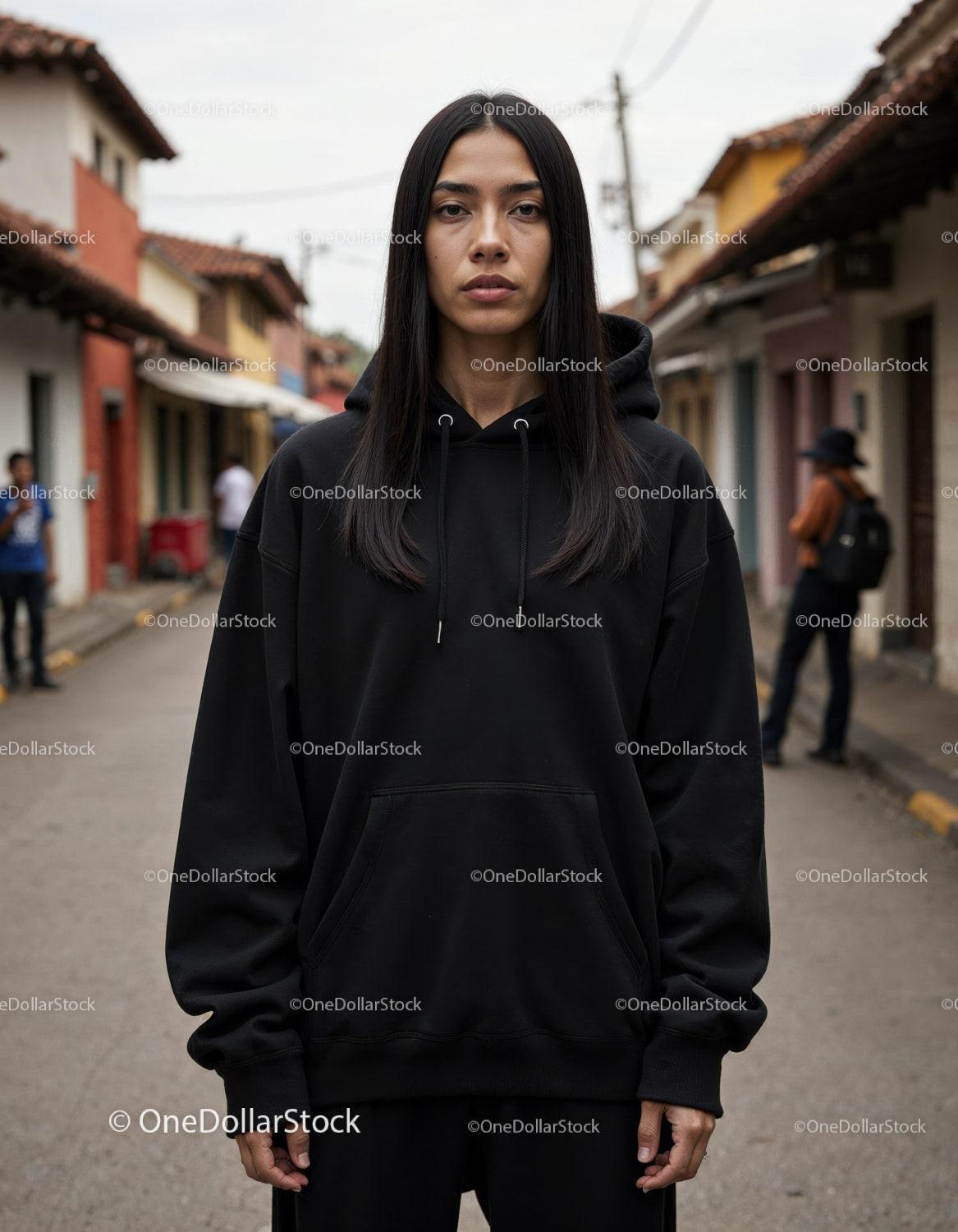Fashionable Woman Wearing Black Hoodie in Urban City Street Stock Photo Bundle preview 24