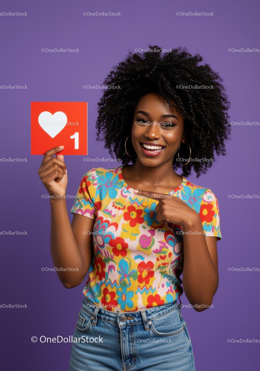 Smiling Woman Holding Heart Sign with Colorful Shirt Against Purple Background Stock Photo Bundle preview 52