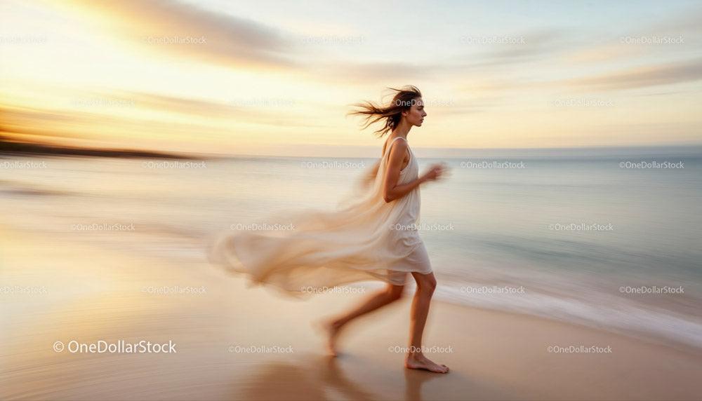 Graceful Woman Walking Along a Serene Beach at Dusk Stock Photo Bundle preview 19