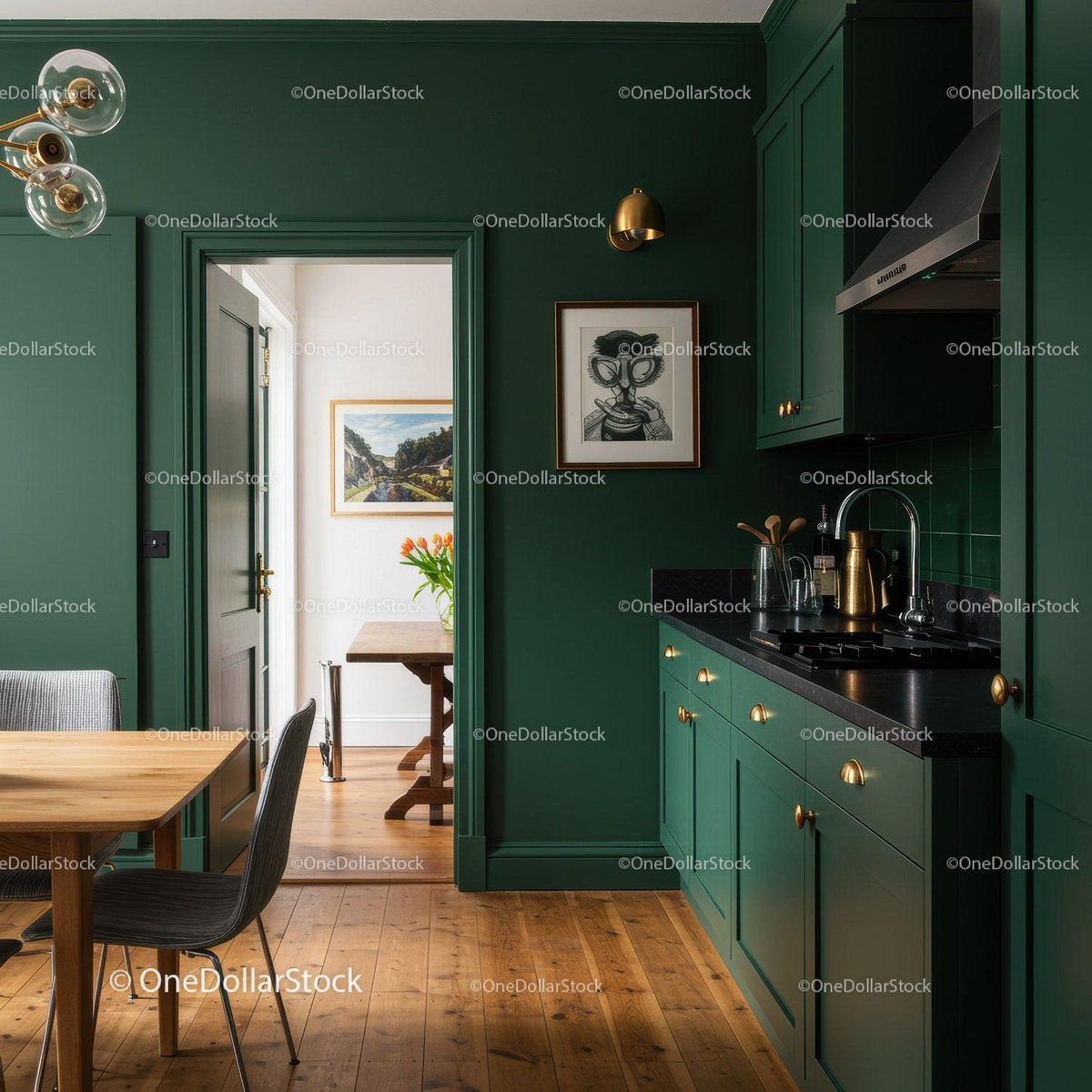 Stylish Green Kitchen with Gold Accents and Wooden Dining Table
