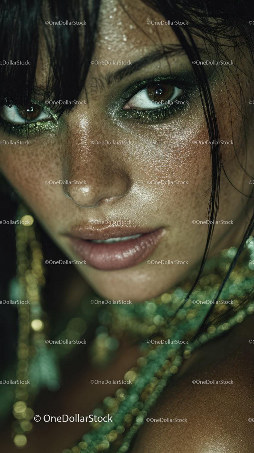 Glamorous Woman with Green Eyeshadow and Glittering Skin