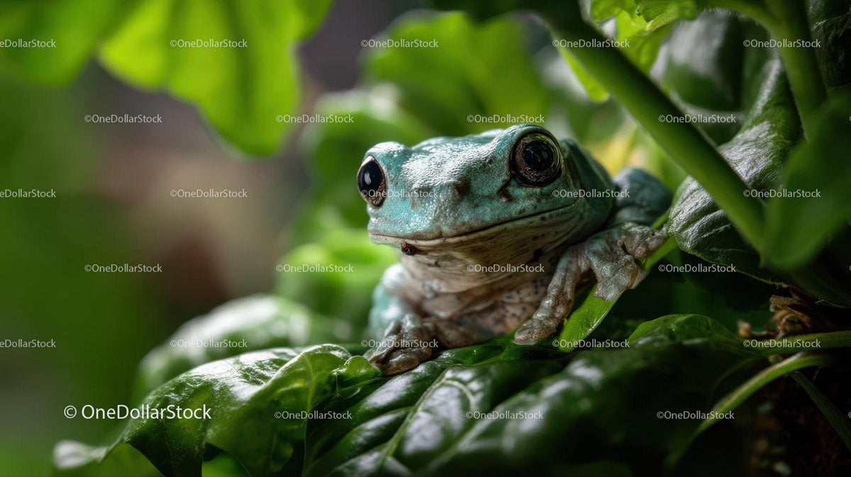 Close-Up of Green Frog on Lush Jungle Leaves
