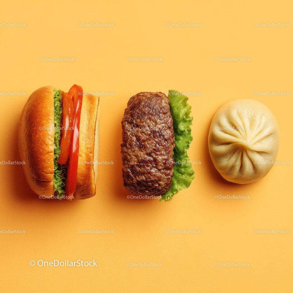 Gourmet Burger with Lettuce and Tomato Next to Grilled Steak and Dumpling Stock Photo Bundle preview 28