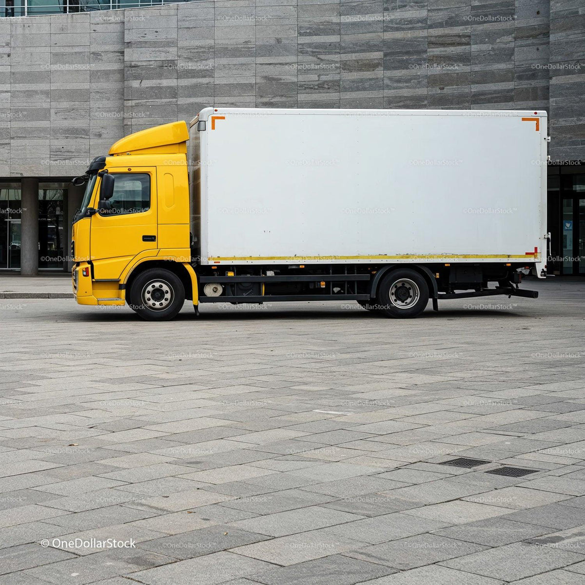 Yellow Delivery Truck Parked by Modern Urban Building JPG Mockup Image preview