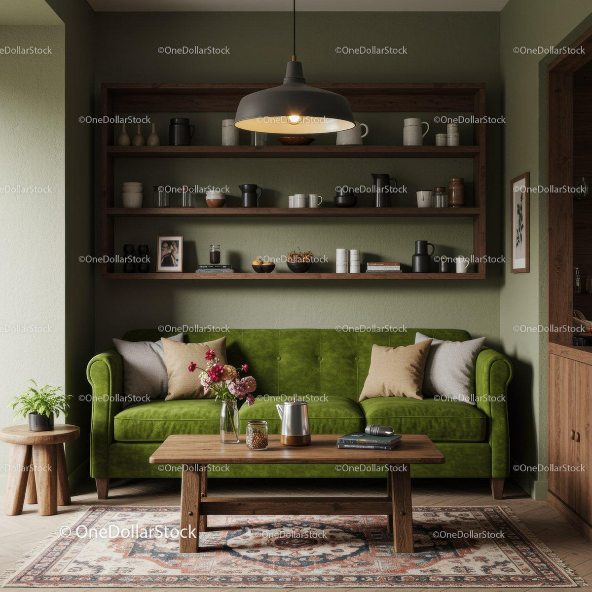 Cozy living room with green velvet sofa and wooden decor