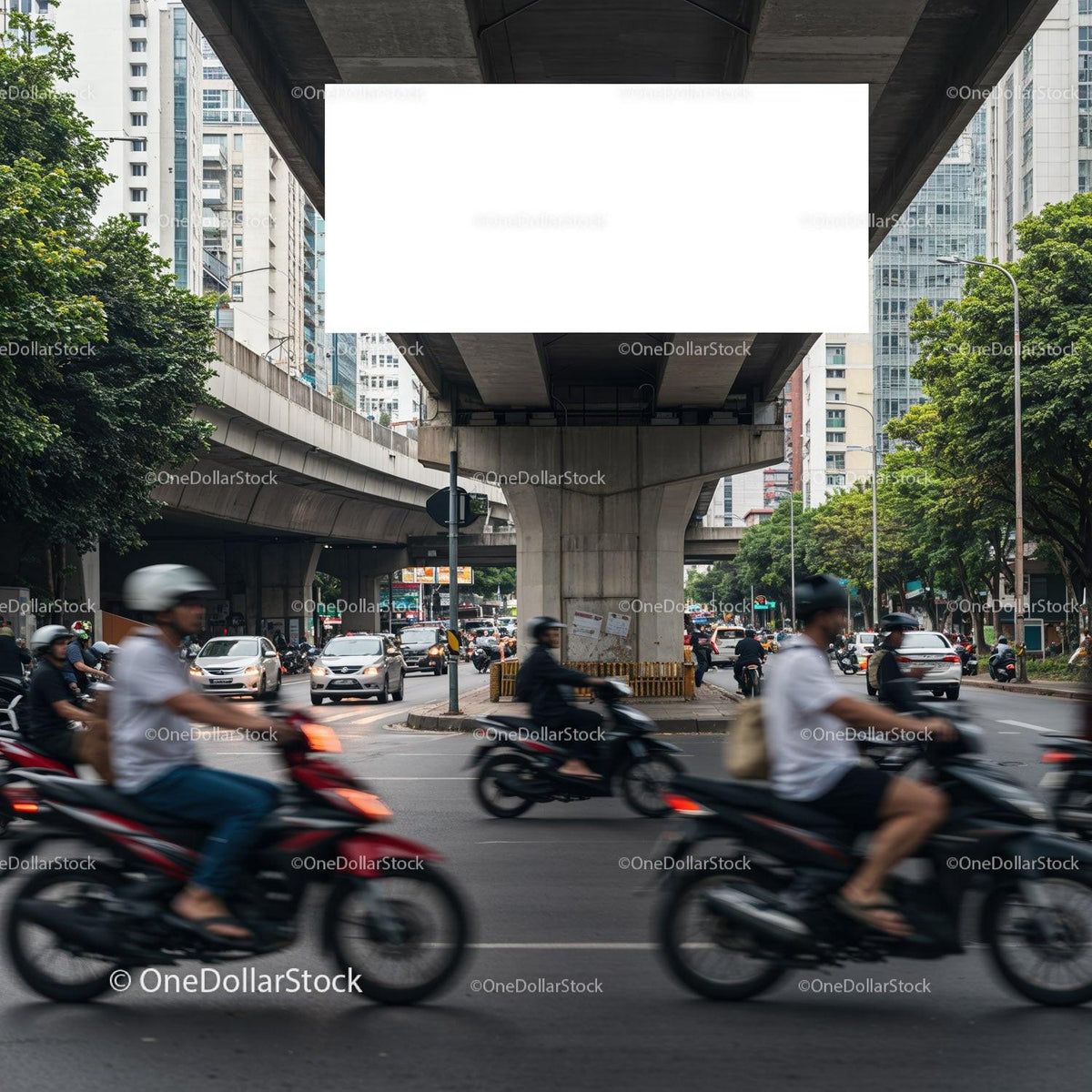 Urban Traffic Flow with Motorcycles Under City Flyover JPG Mockup Image preview