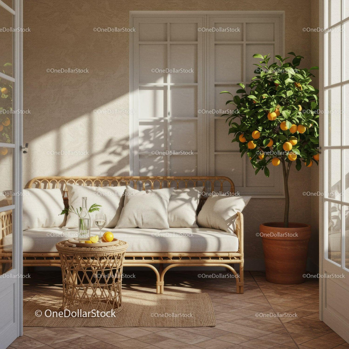 Cozy sunlit patio corner with rattan sofa and orange tree