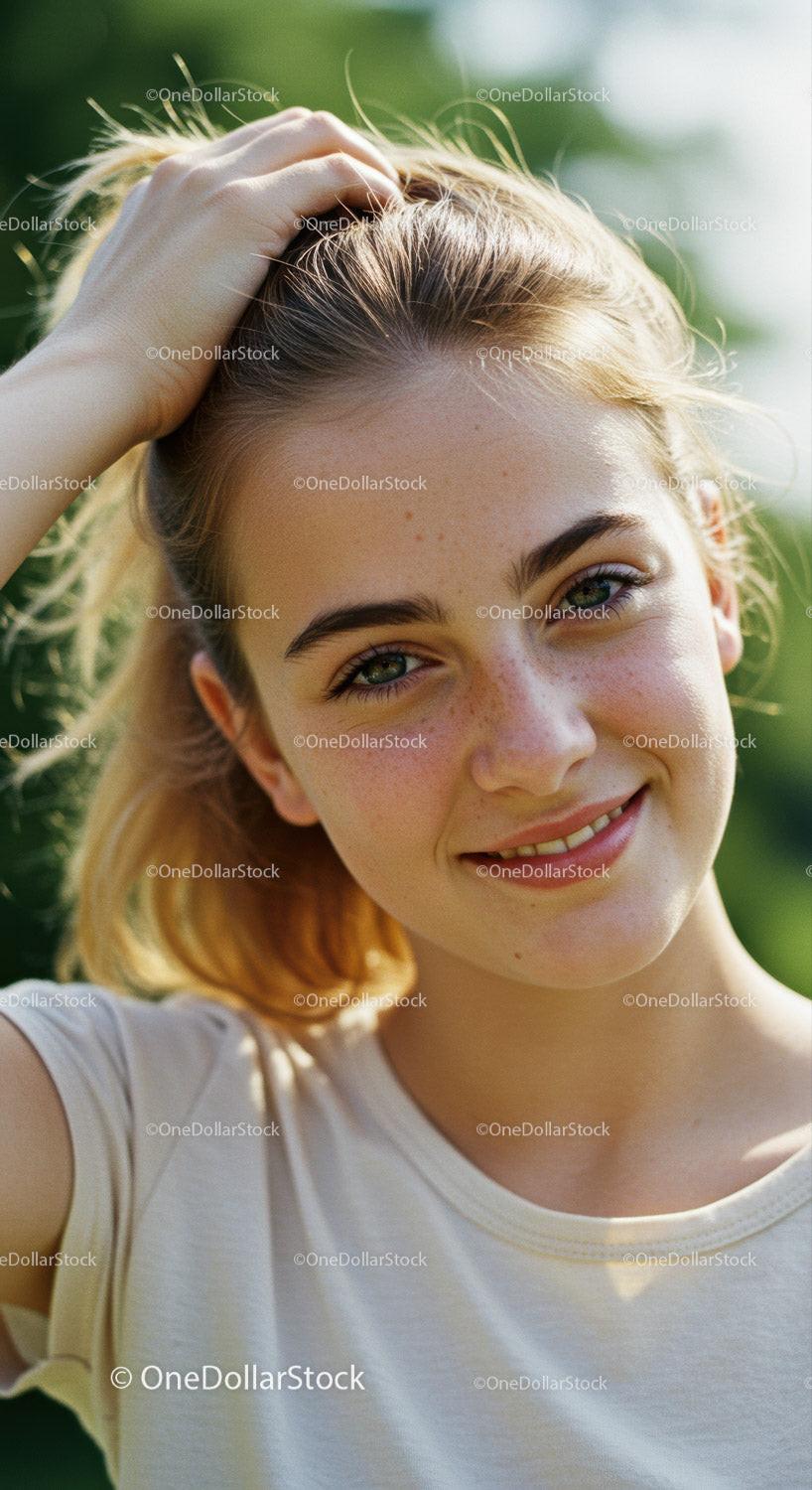 Bright Outdoor Portrait of a Smiling Young Woman in Sunlight