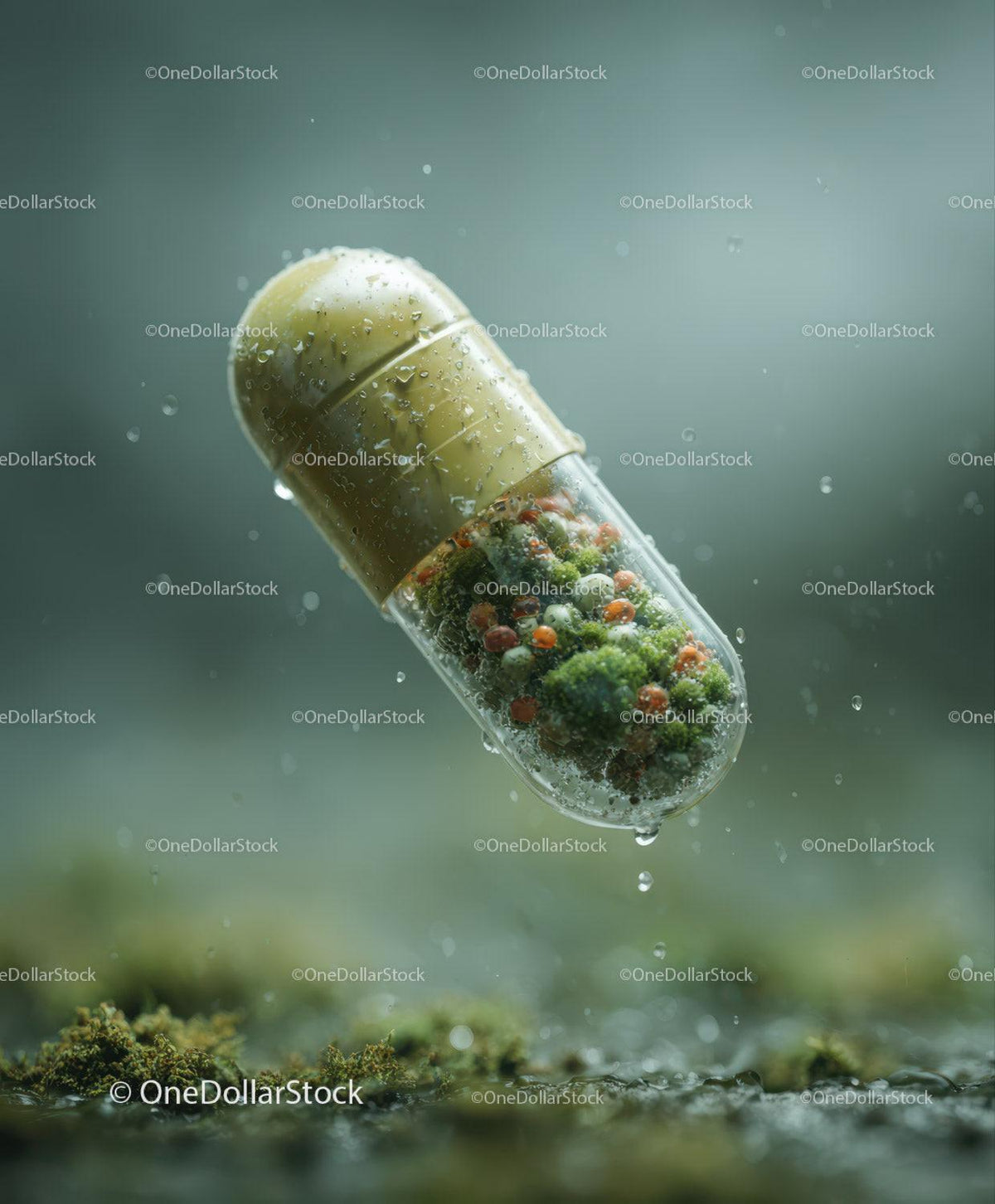 Floating clear capsule filled with green moss and orange spheres dripping water