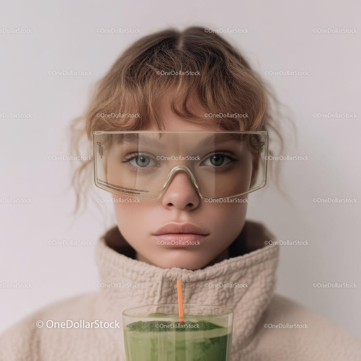 Young Woman Wearing Safety Goggles and Drinking Green Smoothie