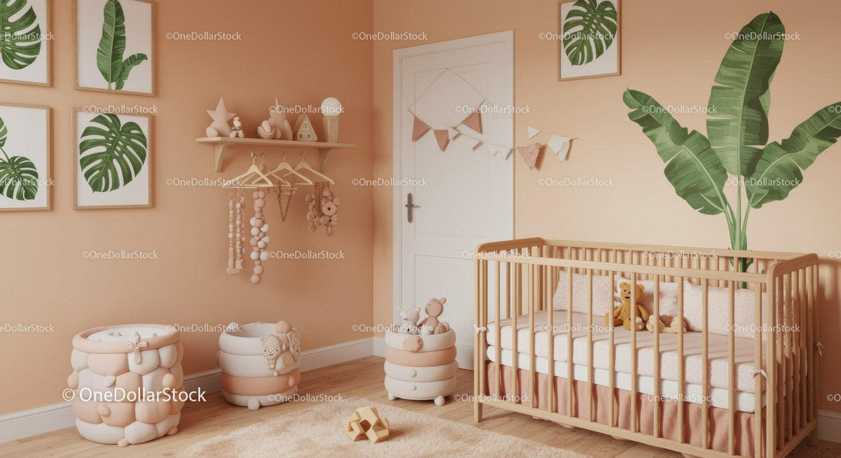 Sweet Baby Nursery with Wooden Crib and Green Plant Wall Art