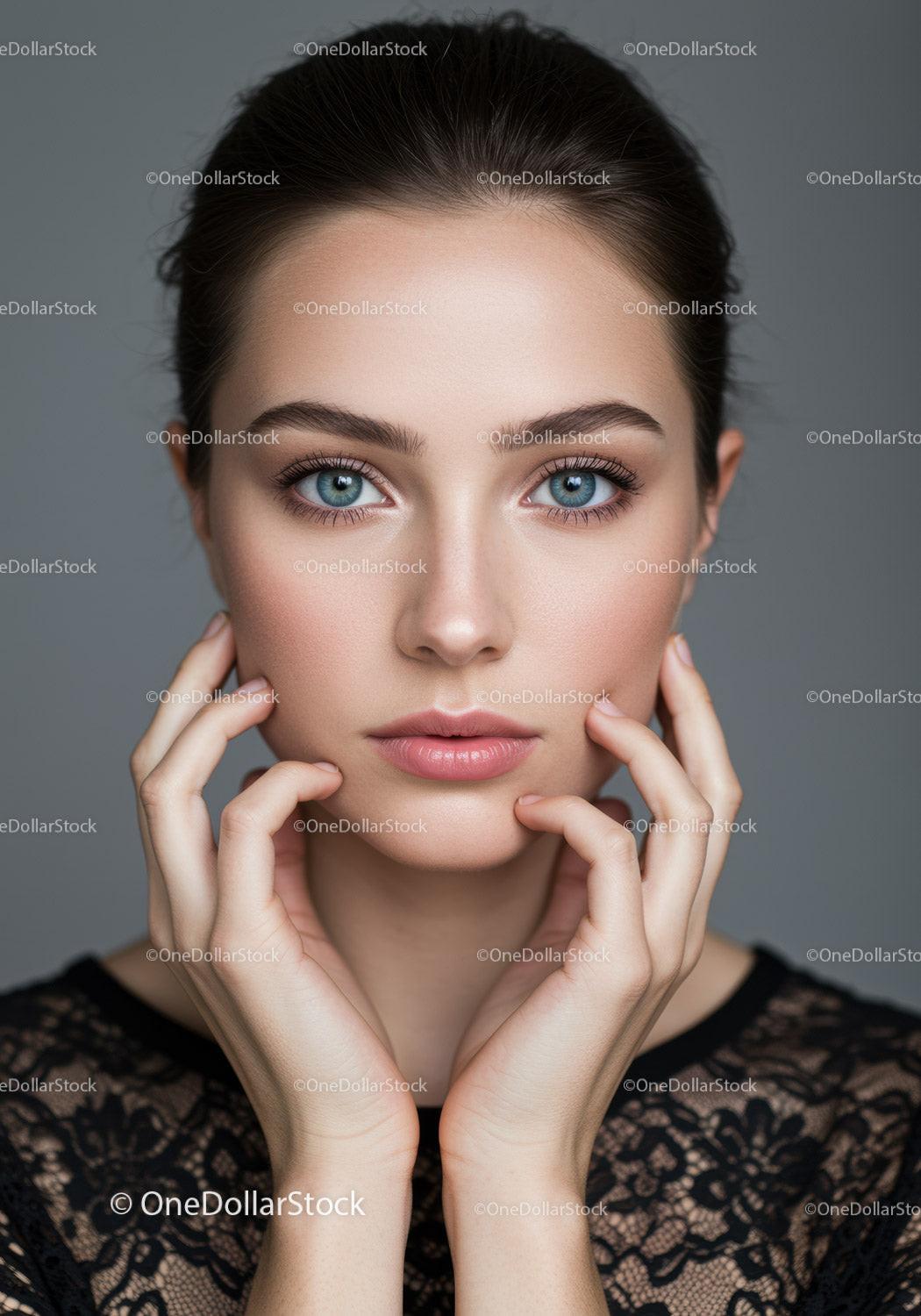 Close-Up Portrait of a Woman with Flawless Skin and Bright Blue Eyes