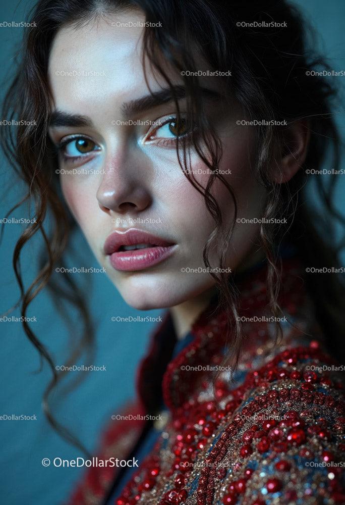 Portrait of a Woman with Green Eyes Wearing Red Sequined Top