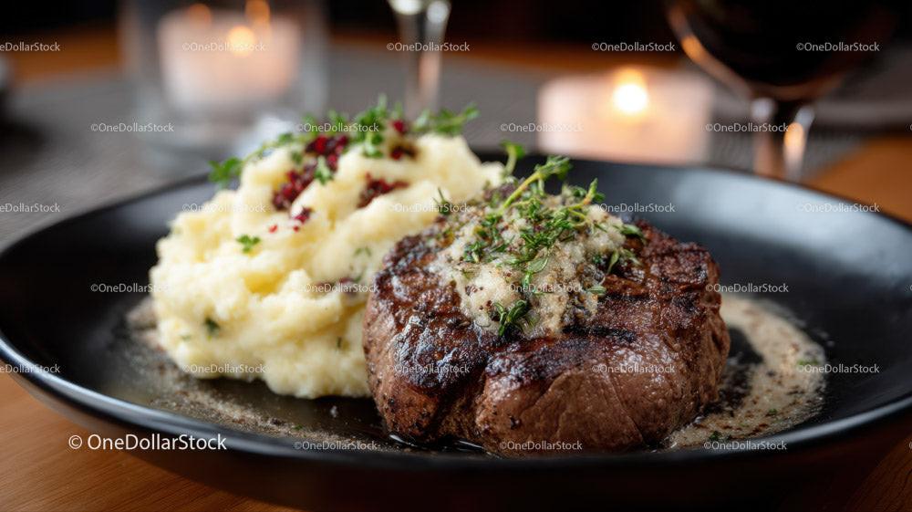Juicy Steak with Mashed Potatoes and Herb Garnish in Elegant Restaurant Stock Photo Bundle preview 15