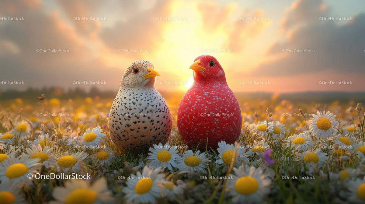 Two colorful birds sitting closely among white daisies with yellow centers at sunset