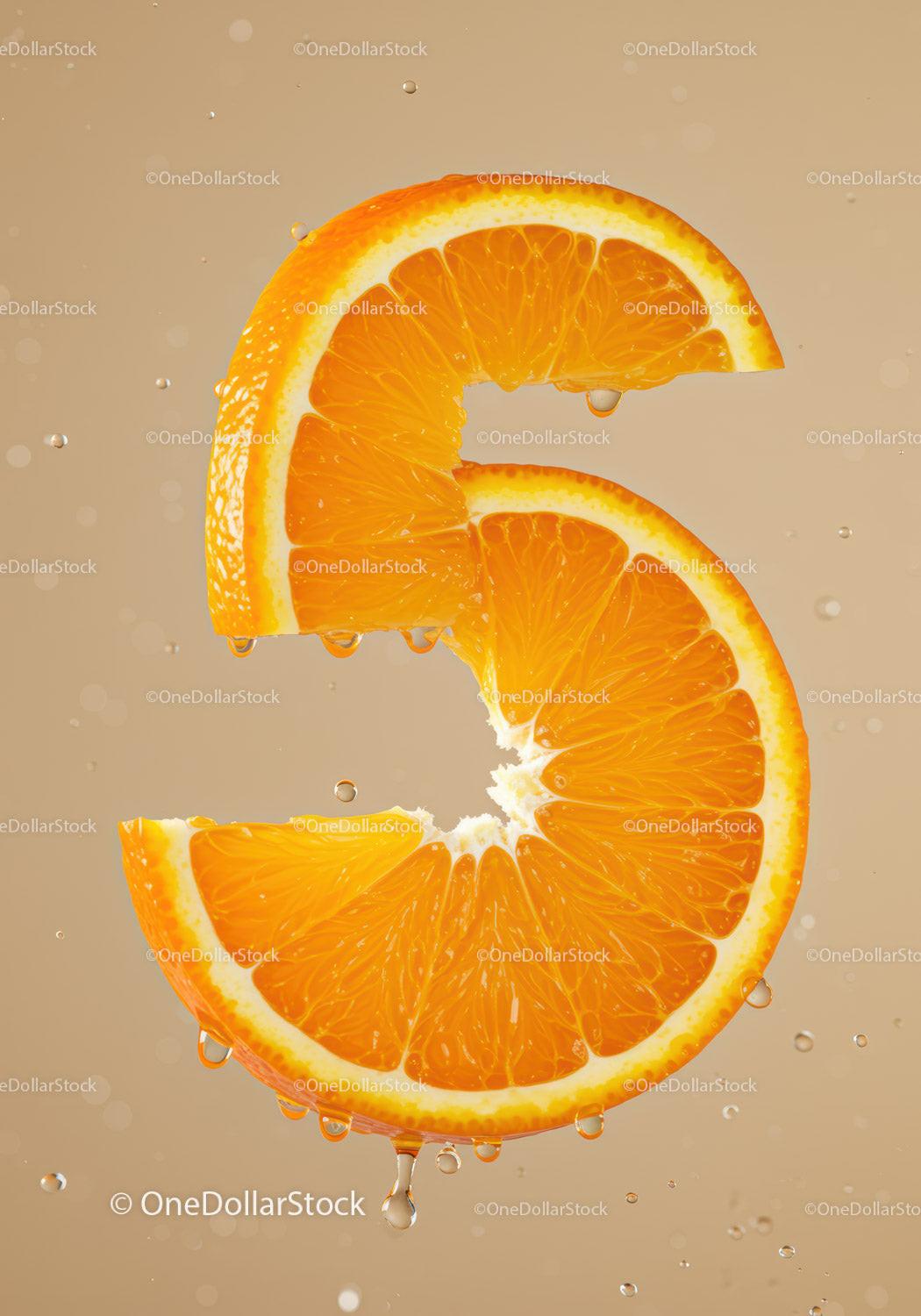 Fresh orange slice shaped as number five with water drops
