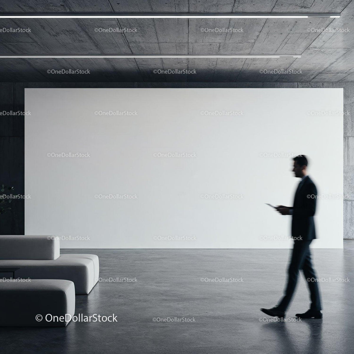 Businessman walking past empty modern gallery wall JPG Mockup Image preview
