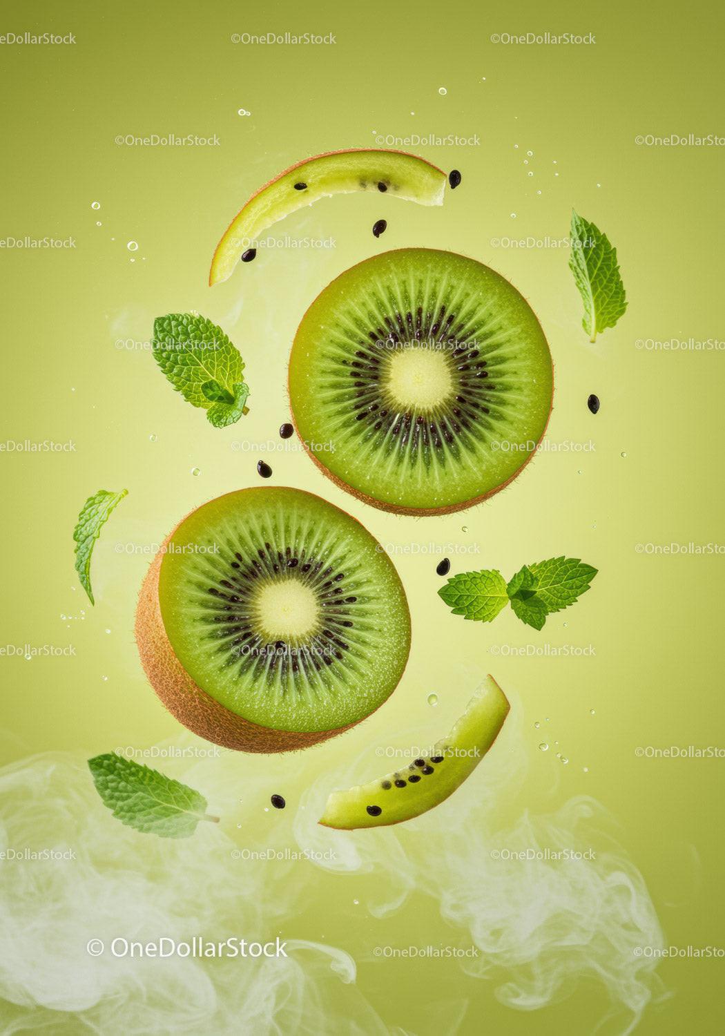 Fresh Kiwi Slices with Mint Leaves on Green Background