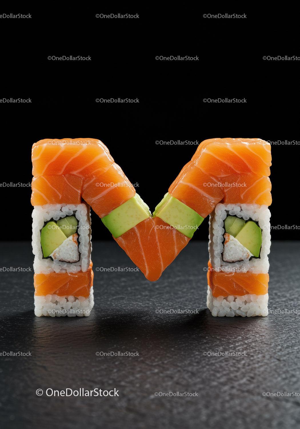 Creative Sushi Rolls Forming Letter M on Black Background