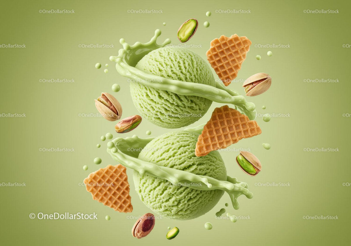 Two scoops of pistachio ice cream with splashes and nuts