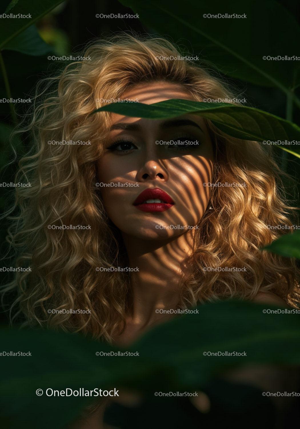 Glamorous Woman with Curly Blonde Hair Among Tropical Leaves Stock Photo Bundle preview 9