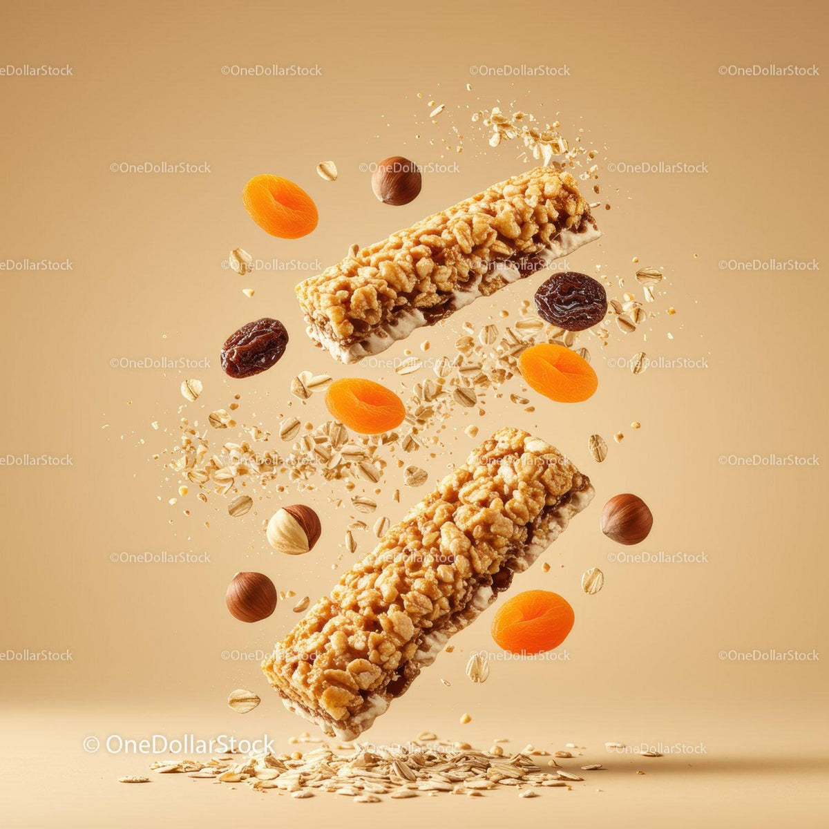 Energy bars with dried apricots and hazelnuts in motion