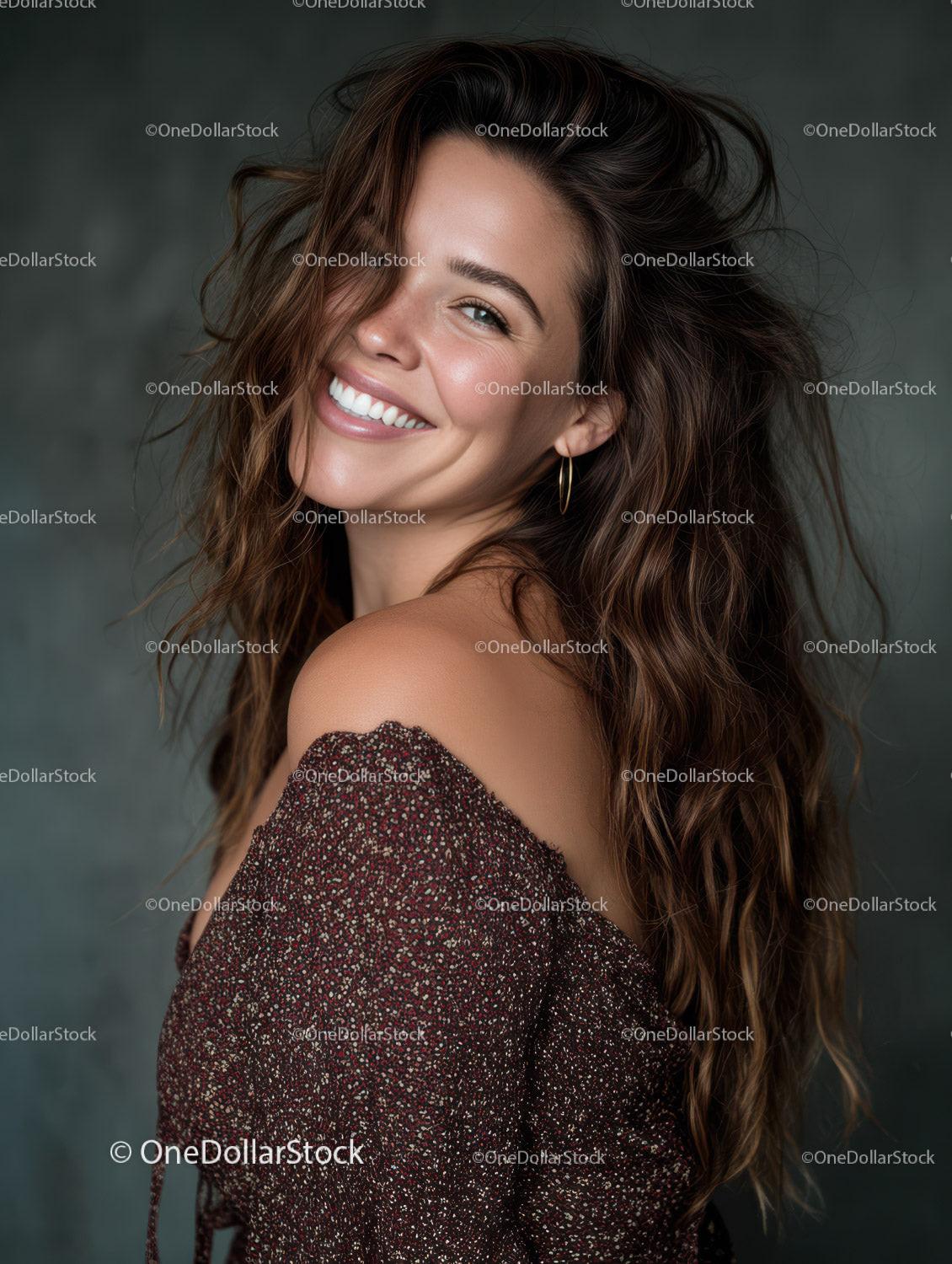 Happy Woman with Wavy Hair Smiling Perfectly for Stock Photography