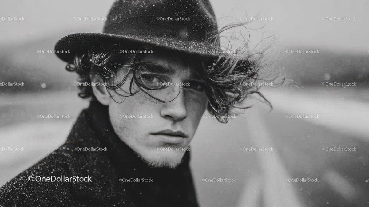Black and White Urban Portrait of Young Man with Wavy Hair