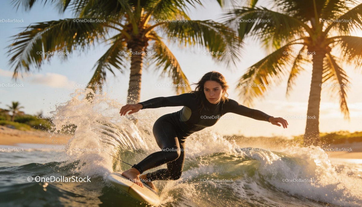 Focused young woman surfing near tropical palm trees