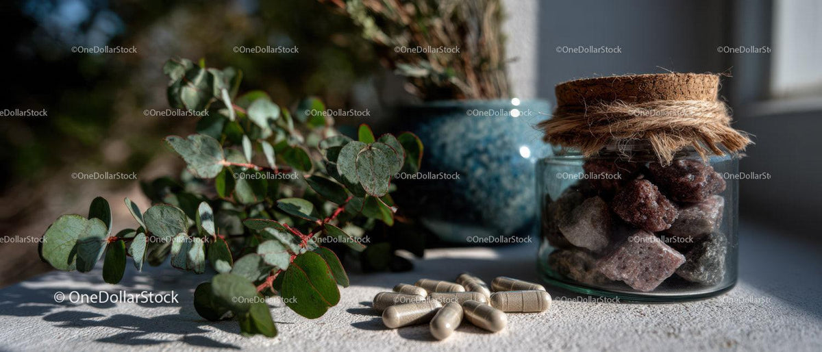 Decorative Green Foliage, Colorful Stones and Ceramic Vase