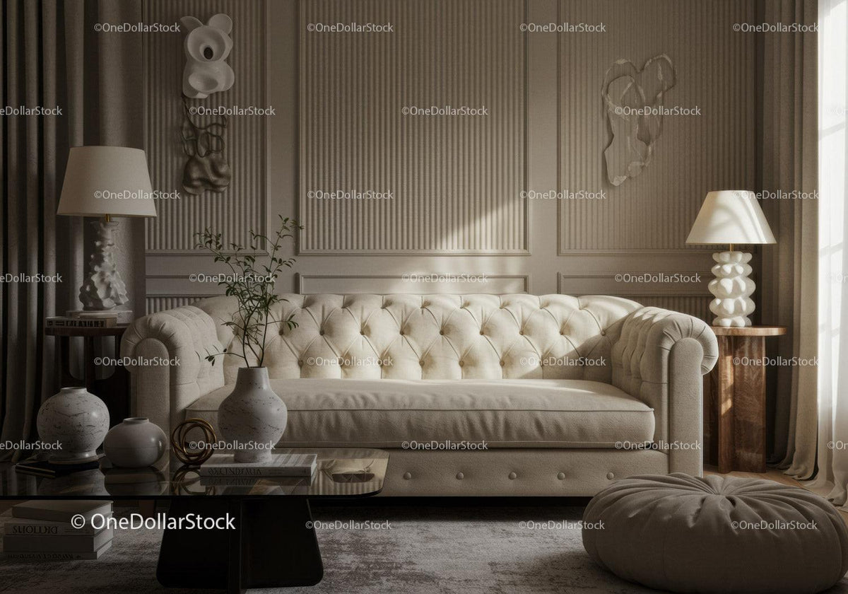 Cozy beige living room with tufted sofa and soft lighting