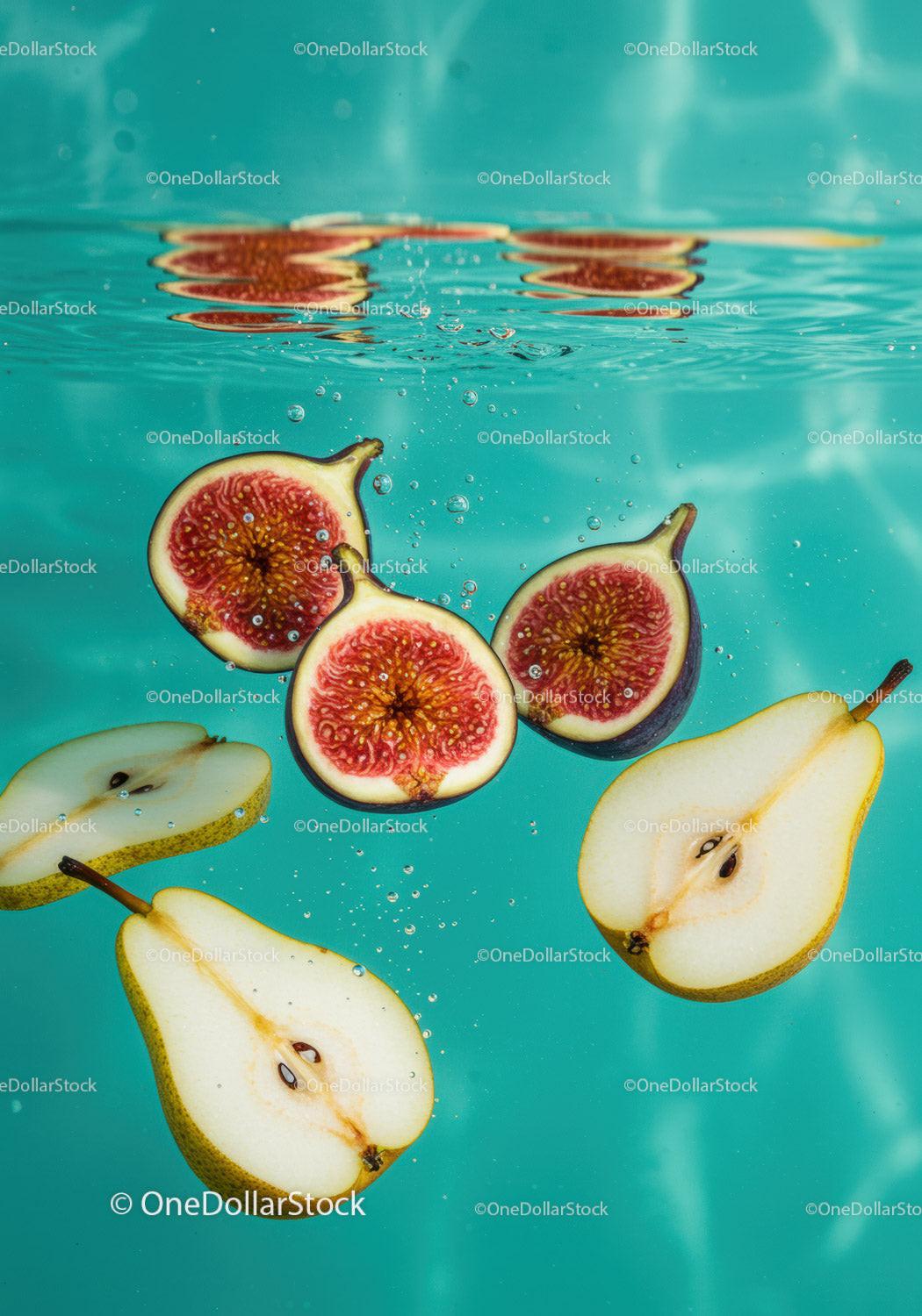Fresh figs and pears submerged in clear blue water