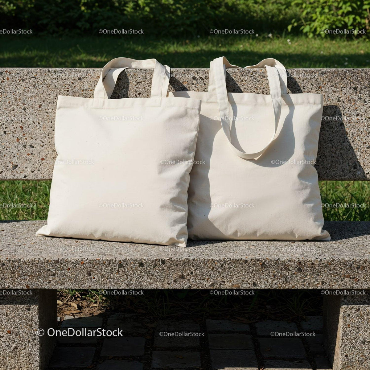 Two Blank Canvas Tote Bags on Outdoor Stone Bench JPG Mockup Image preview
