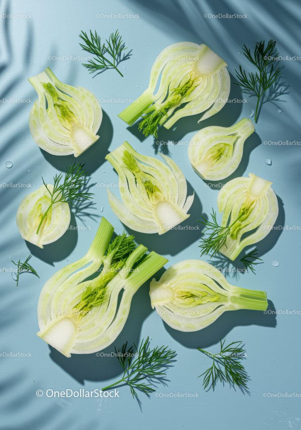Fresh fennel slices with green dill on blue surface