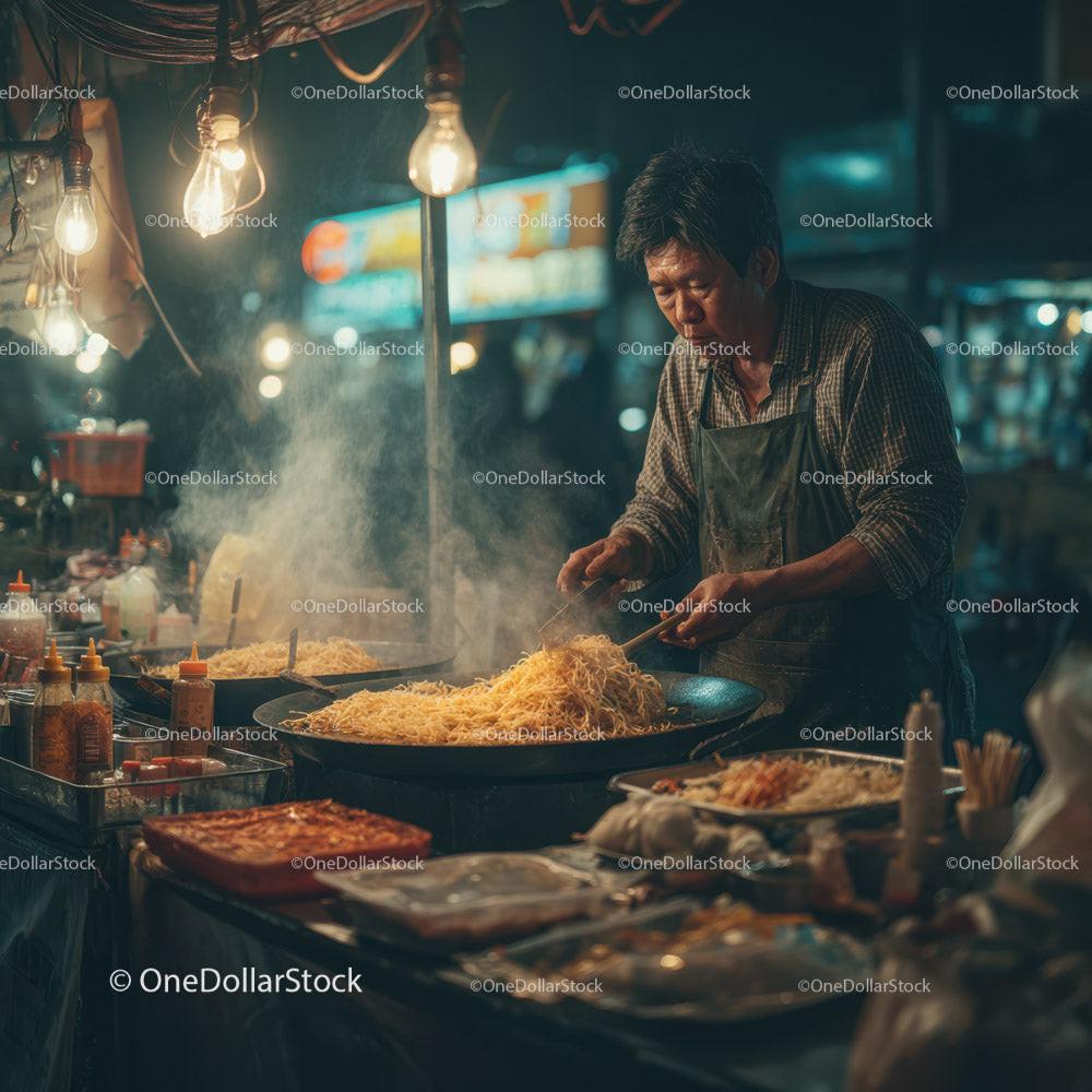 Street Food Vendor Cooking Noodles at Night Market